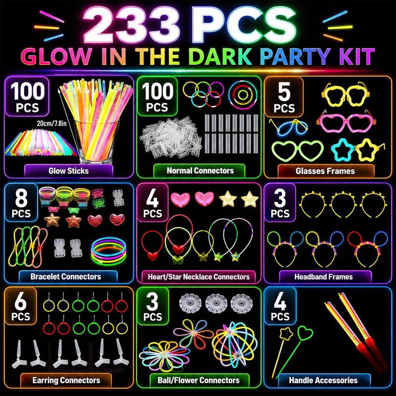 SilverChry 233 pezzi Fluo Party Kit, 100 Braccialetti Luminosi Fluorescenti,