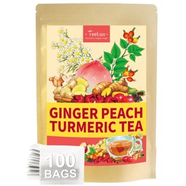 TeeLux Ginger Peach Turmeric Tea Bags, Warm Ginger with Tart Hibiscus & Soothing Chamomile, Tart & Sweet Flavor, Caffeine Free, 100 Count