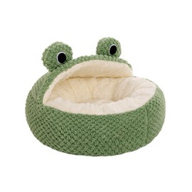 KIDDCW Cute Frog Hooded Cat Bed with Non-Slip Bottom, Covered Round Fluffy Frogs Cave Green, Semi-Closed Pet Mat for Cats and Small Dogs