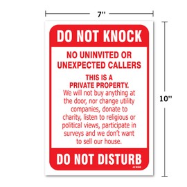 No Soliciting Sign - Do Not Knock - Do Not Disturb Sign - 10" high x 7" wide, Red on White, Vinyl Sticker, Indoor and Outdoor Use, Rust Free, UV Protected, Waterproof, Self Adhesive