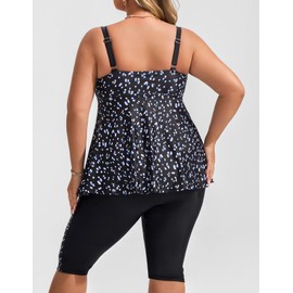 Hanna Nikole Plus Size Swim Tank Top with Rash Guard Capris Athletic Two Piece Swimwear Blue＆White Dots 20 Plus