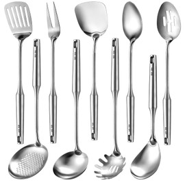 Teenyyou 9 Pcs 304 Stainless Steel Utensils Set with Wood Handle Metal Cooking Tool Spatula, Solid Spoon, Slotted Spoon, Fork, Ladle, Skimmer, Slotted Spatula Spaghetti(Silver,Stainless Steel)