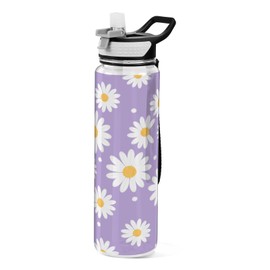 FLildon Daisy Flower Purple Water Bottle with Straw Lid 32oz Leakproof Clear Gym Water Bottles for Women Men Outdoor Sport Drinking