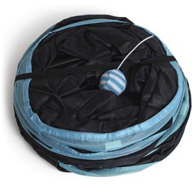 igadgitz home U6979-3 Way Cat Tunnel Collapsible Pet Tunnel Interactive Rabbit Tunnel with Hanging Ball - Indoor/Outdoor - Black/Blue Trim