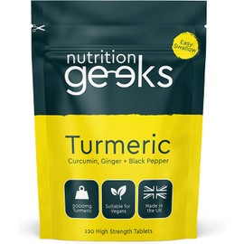 Nutrition geeks Turmeric Tablets 2000mg with Black Pepper & Ginger | 120 High Strength Curcumin Supplements | Turmeric and Black Pepper Tablets (Not Turmeric Capsules or Powder) | Vegan and Gluten Free | UK Made