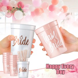 Pack of 12 Team Bride Mugs, JGA Mugs, Reusable Bachelorette Party Cup with 6 Models, Rose Gold Foil Team Bride Straws for Bridal Shower, Engagement Party, Bachelorette Party, Women Party