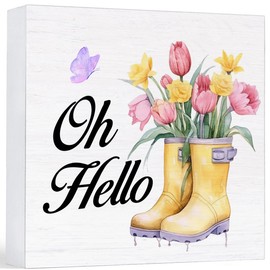 Spring Decor Farmhouse Oh Hello Wood Sign Floral Spring Decorations Country Home Table Desk Decor (5 x 5 Inches)