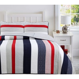 Cozy Line Home Fashions Liberty Patriotic Stripes Red Blue White Striped Patchwork Reversible Queen 3-Piece Cotton Quilt Bedding Set