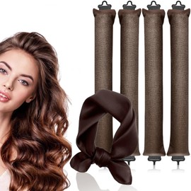 4PCS Heatless Curling Rods, Heatless Blowout Rods with Satin Silk Head Hair Scarf - No Heat Hair Rollers for All Hair Types - DIY Overnight Blowout Rods (Brown, One Size)