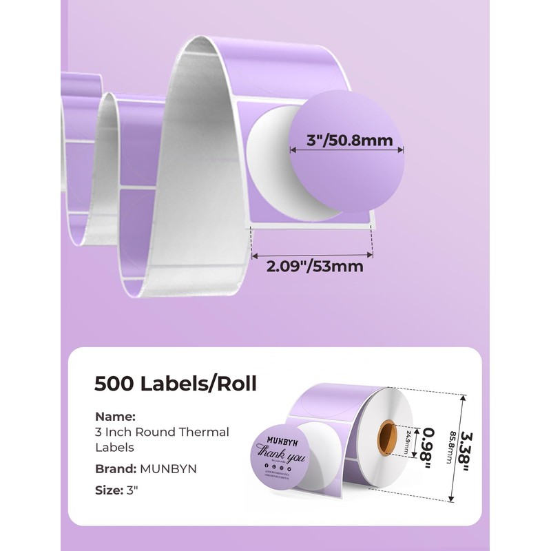 MUNBYN 3 Inch Purple Circle Thermal Sticker Labels, Multi-Purpose Self-Adhesive