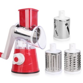 Rotary Cheese Grater, Iceten 3 in 1 Rotary Cheese Grater Vegetable Slicer with 3 Stainless Steel Rotating Blades, Multifunctional Manual Vegetable Cutter/Shredder/Grater-Strong Suction Base(Red)