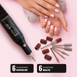 GESS Black Nail Electric Manicure and Pedicure Kit, 6 Diamond Attachments Sanding Bands Cuticle Removal Ingrown Nails Treatment Polishing Nail Care Device