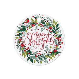 Pack of 50, Merry Christmas Wreath Round Gift Tags, 3" Circle for Celebration, Party, Holiday, Birthday and Events, Made in USA