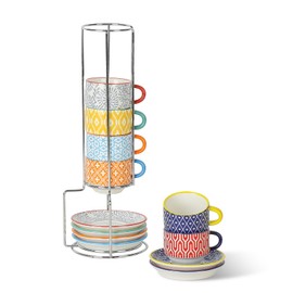 Selamica Ceramic Espresso Cups with Saucers, 2.5 OZ Stackable Demitasse Cups with Metal Stand, Mini Espresso Mugs for Latte Coffee Café Mocha Tea, Set of 6, Assorted Colors