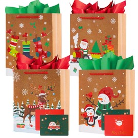 Gfractolux Christmas Gift Bags for Presents, 4 Pack Multipack Medium Gift Bag with Tissue Papers and Cards, Kids Adult Gift Present Bag, Shopping Bag for Holiday Xmas Event Party, 9 IN x 3.9 IN x7 IN