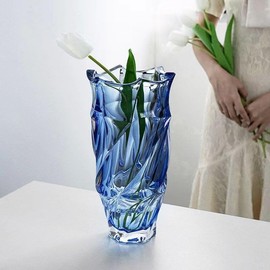 Deegufa 9.1" Blue Glass Vase for Home, Wedding Decor, Modern Crystal Flower Vase Centerpieces Decorative