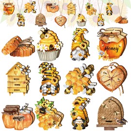 Beeveer 24 Pcs Christmas Bee Wooden Ornaments Bee Hanging Sign Bee Gnome Wood Hanging Decoration Ornament Bee Honey Honeycomb Wood Craft Embellishment for Bee Themed Party Baby Shower Decoration