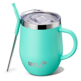 Mollcity Kids Tumbler with Handle 12 oz Stainless Steel Double Wall Vacuum Insulated Cup with Lids and Straws-Reusable Metal Tumbler for Girls (Teal)