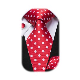 Dubulle Mens Red White Dots Striped Tie WOVEN Necktie for Men and Handkerchief Cufflinks Set Wedding Formal Business