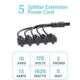 5 Way 3 Prong 1 to 5 Outlet Power Splitter 3 Plug 14 AWG 1625W 13A SJTW Power Cord Splitter Gauge Heavy Duty Extension Cord Splitter for Indoor or Outdoor Use(1.7 FT Black)