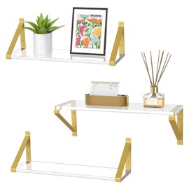Cilinta Clear Shelves, Gold Floating Shelves Wall Mounted Set of 3, 8mm Transparent Acrylic, Invisible Wall Shelves for Bedroom, Living Room, Bathroom, Kitchen, Office Display Decor (15in)