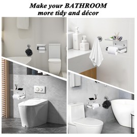 Toilet Paper Holder, Single Hook & Loofah Bath Sponge Set | Durable Rustproof Waterproof Scratch-Resistant Self-Adhesive or Screw Mounting Paper Towel Holder/Bathroom Organizer (Bright Surface)