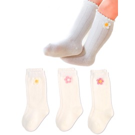 Urieo White Baby Girl Sock Cotton Knee High Socks Toddler Girls Uniform Dress Long Socks for 1-3T