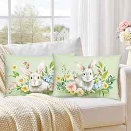 Bonhause Spring Bunny Cushion Covers 30 x 50 cm Rabbits Floral Green Decorative Throw Pillow Covers for Sofa Couch Bed Home Garden Patio Easter Decor Set of 2