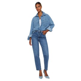 TRENDYOL Women's Straight Mama High Waist Jeans, blue