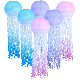 Paper Lantern Decoration, Pack of 6 Jellyfish Paper Lanterns, Ocean Lanterns, Lampshade, Mermaid Birthday Decoration, Ocean Theme Party Supplies for Children Theme Party (Light Blue)