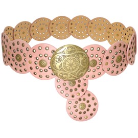 WULIQIUQIU Wide Disc Belt for Women Boho Concho Leather Belts Vintage Western Waist Belt 101CM Pink