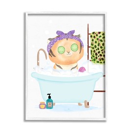 Stupell Industries Children's Tiger Bubble Bath Cute Safari Animal Bathroom White Framed Wall Art, 24 x 30