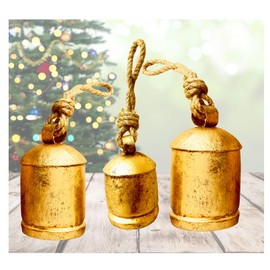 Set of 3 Rustic Harmony Bells Decorative Christmas Bell Large Vintage Cow Bell Brass Coated Country Bell Wall Hanging Cowbell Lucky Charm (3"-4"-5")