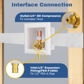 (Pack of 1) GUOFIS Icemaker Outlet Box with Pre-installed 1/4-Turn Ball Valve,Copper Water Hammer(1/2" PEX-A Expansion Inlet X 1/4" OD Compression Outlet)