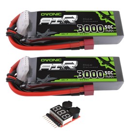 OVONIC 3S Lipo Battery 50C 3000mAh 11.1V Lipo Battery with Dean-Style T Connector for RC Airplane Helicopter Quadcopter RC Car Truck Boat(2 Packs)(with Lipo Voltage Checker)