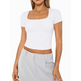 AUTOMET Womens Short Sleeve T Shirts Double Lined Square Neck Going Out Crop Tops Summer Cute Clothes Basics Tees White S