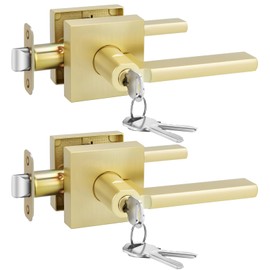 Goldenwarm Entry Door Handles with Lock and Key, Zinc Alloy Heavy Duty Brushed Gold Locking Exterior Door Handle, Keyed Door Lever with Locks and Keys for Bedroom (2 Pack)