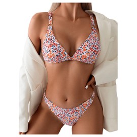 Floerns Women's Two Piece Swimsuits Triangle Bikini Ring Linked Hipster Bathing Suit White Multi Small