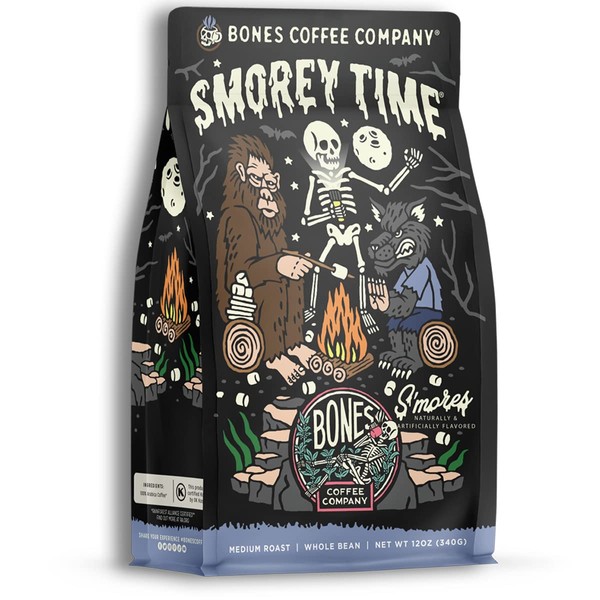 Bones Coffee Company S'morey Time Ground Coffee Beans S'mores and Graham Crackers Flavor | 12 oz Medium Roast Low Acid Coffee | Flavored Coffee Gifts & Beverages (Whole Bean)