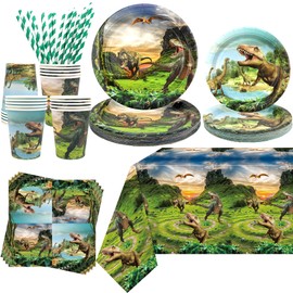 Obussgar Dinosaur Party Decoration - Cartoon Dinosaur Birthday Party Tableware Supplies Includes Plates, Cups, Napkins, Tablecloth, Straws - Serves 20