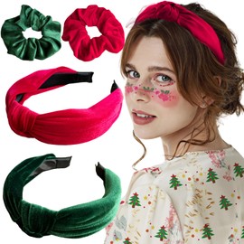 Velvet Headbands Colorful Knotted Headbands with Hair Scrunchies Non Slip Wide Knotted Headband Hair Scrunchy Hair Accessories for Women Girls Party Makeup Headwear (Red Green, Small)