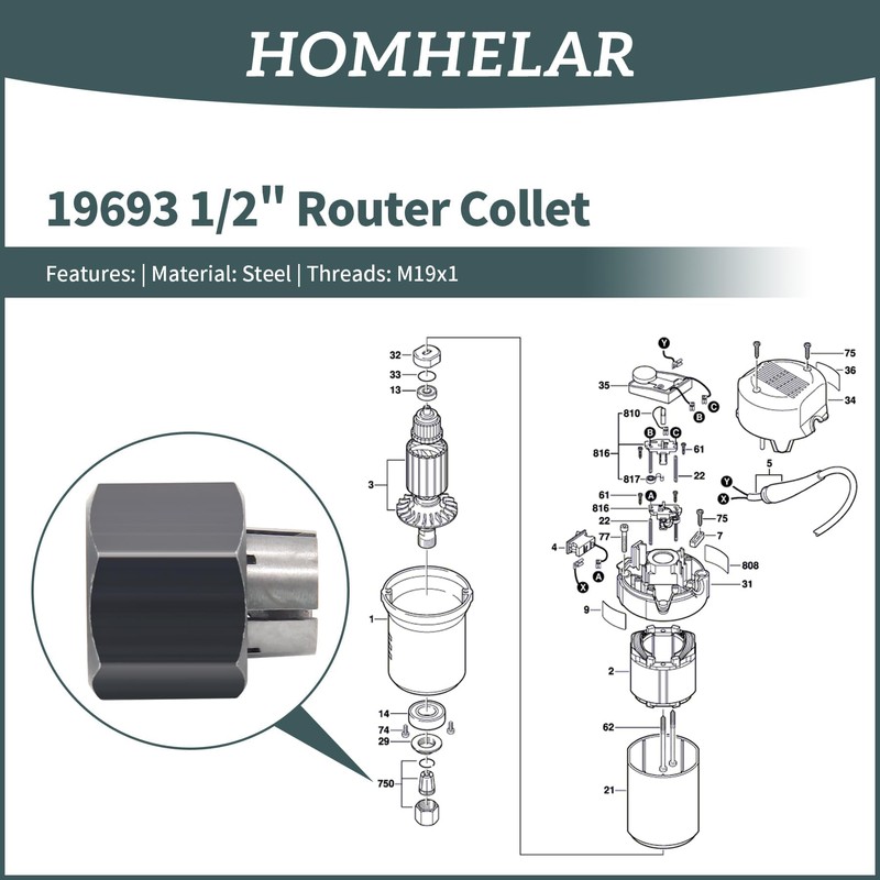 Homhelar 19693 1/2" Router Collet Replaces for 326286-03 2610906284 Hitachii