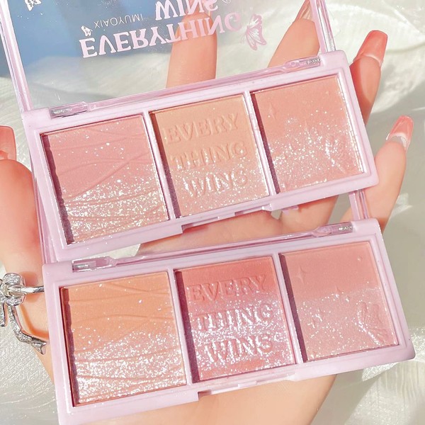 3 Colours Blush Palette, Bright Shimmer Face Blush Powder, Matte