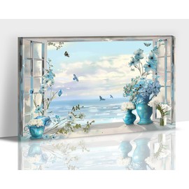 Vintage Bathroom Wall Art, Blue Flower Bouquet Canvas Print for Farmhouse Wall Decor, Sea View From Window Painting Picture, Butterfly Flower Vase Framed Artwork for Rustic Bathroom Decor 12x18 Inches