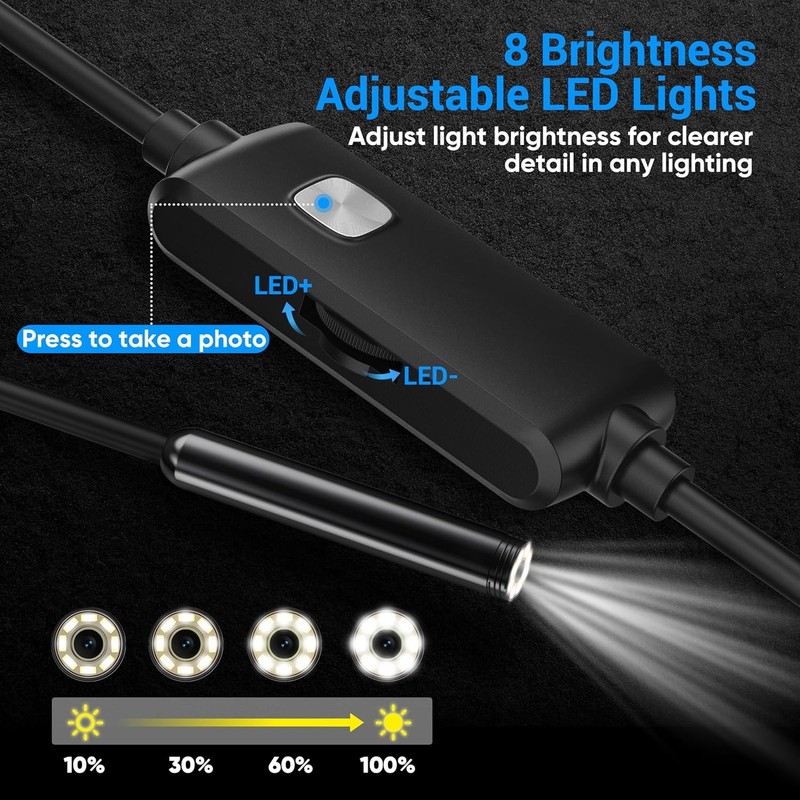 Endoscope Camera with Light,1920P HD Borescope with 8 Adjustable LED