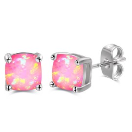 Savlano 925 Solid Sterling Silver 6MM Princess Square Created Opal Stud Earrings, Comes with Gift Box for Women