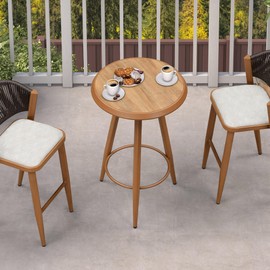 PURPLE LEAF Outdoor Bistro Round Table High Bar Pub Bar Stool Aluminium Modern Table for Kitchen Island Brown