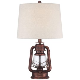 Murphy Rustic Industrial Accent Table Lamp Miner Lantern 23" High Red Bronze Clear Glass Oatmeal Fabric Drum Shade for Living Room Bedroom House Bedside Nightstand Home Office - Franklin Iron Works