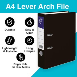 A4 Lever Arch Files for Paperwork, Metal Thumb Ring, Archive Document Folder | Large Ring Binders for Office, School & Home Filing (Black, Pack of 3)