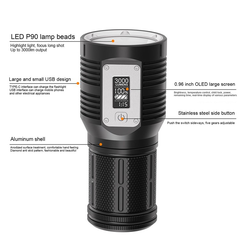 Strong Light Flashlight Digital Display Rainproof Rechargeable Flashlight for Camping